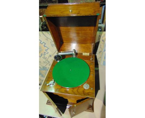 A vintage Eddison Bell table top Discaphone with oak case and green felt lined table (reconditioned)