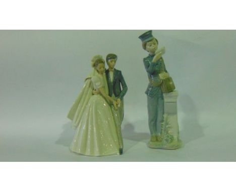 A large Nao Daisa model of a bride and groom dancing, with impressed number to base 1247 together with a Nao figure of a post
