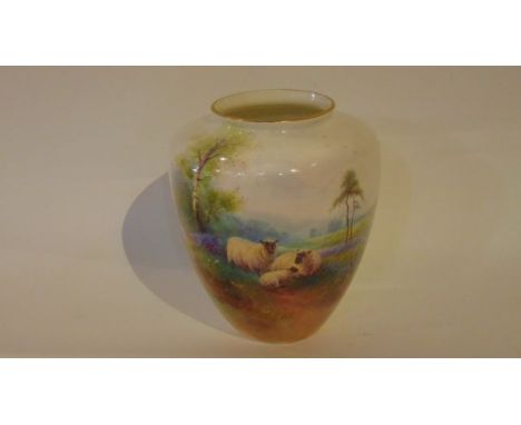 A Royal Worcester vase of shouldered form with finely painted panel of sheep in a landscape setting beneath a tree with drift