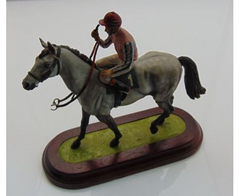 R Cameron sculpture of a grey race horse with jockey up, Limited Edition 84/1500