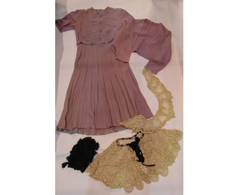 A good quality vintage mauve dress and bolero jacket, together with a Victorian black lace and ribboned bonnet, two lace coll