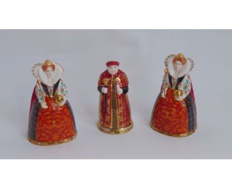 A collection of three Royal Worcester Connoisseur Collection candle snuffers in the form of Elizabeth I (2), and Cardinal Wol