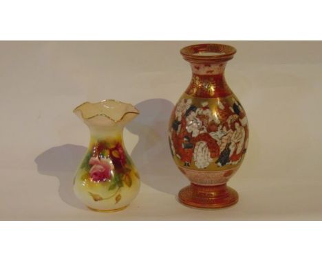 A Royal Worcester vase with shaped rim and painted pink rose decoration, signed M Hunt and with pink printed mark to base num