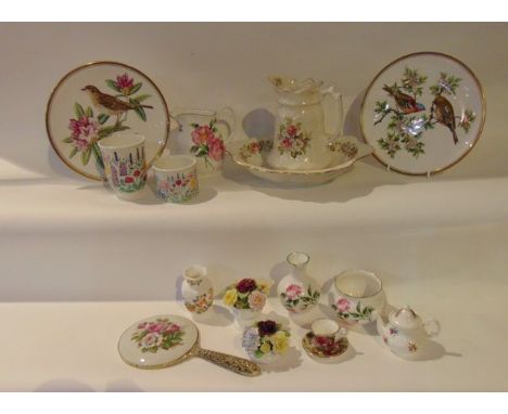 A collection of decorative floral ceramics including a James Kent Old Foley jug and basin set with rose detail, a pair of Spo