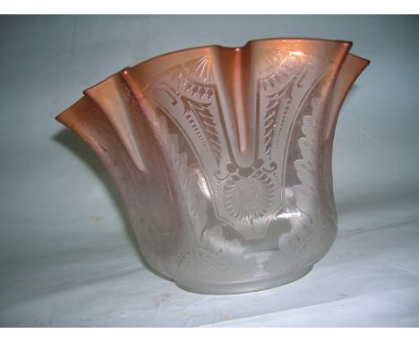 A fluted Venetian oil lamp shade with Monography design ranging from clear glass at the base to light brown tinge at the uppe