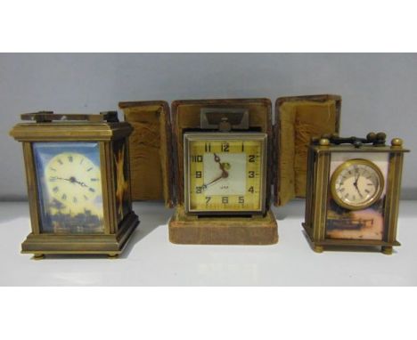 A French travel clock in a chrome case with night case, the dial marked Jaz, together with two small reproduction carriage cl
