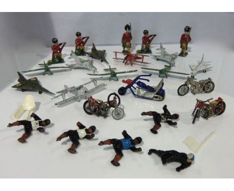 A selection of nine vintage metallic miniature aeroplane models to include a Fokker E 111, together with four painted lead gu