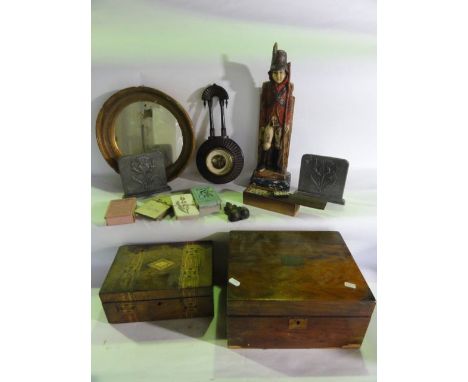 A miscellaneous collection to include a circular wall mirror with gilt frame and a Victorian mahogany writing slope, a furthe