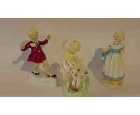 Three Royal Worcester figures of children including January modelled by F G Doughty and in the form of a little boy in a red 