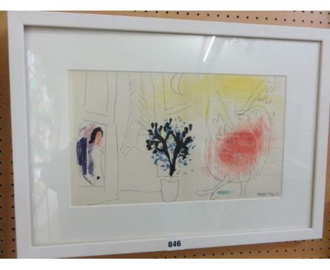 A coloured lithographic type print after Marc Chagall showing male and female figures, a bird, a flowering plant etc., and wi