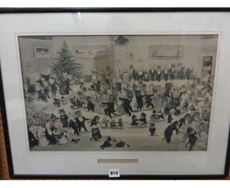 An early 20th century black and white print after Louis Wain showing a Cats Christmas Dance, 32cm x 51cm in a simple black fr