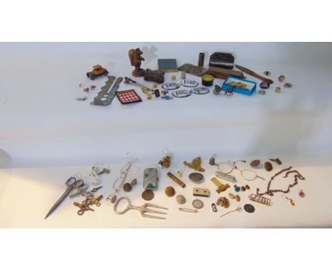 A box of mixed effects, Tyrolean bear pin cushion, lizard skin purse with silver corners, etc