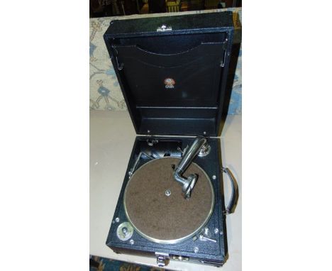 A vintage O'Brien table top gramaphone with black case and brown felt lined table