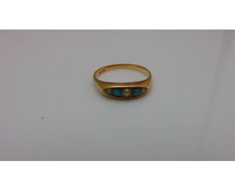 A Victorian style turquoise and pearl ring, in 18ct gold, size Q 1/2