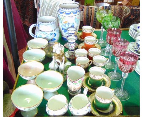 A collection of ceramics and glassware including a Honiton vase and a Honiton jug, a C H Brannam pattern chamberstick with pa