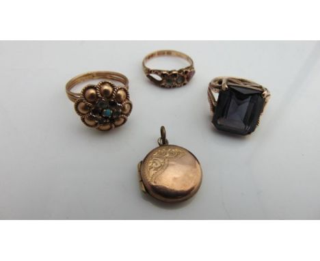 A 15ct gold gem-set ring, some stones lacking, 1.6g; a synthetic alexandrite ring; a gold-plated locket, of circular form; an