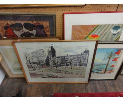 A collection of 20th century pictures including a watercolour of a London city scene with figures, bus etc., signed with init
