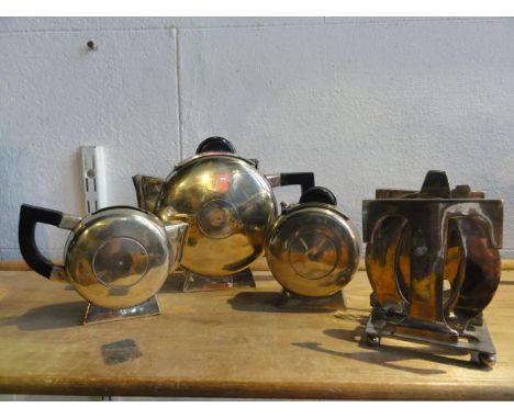 A three piece silver plated tea set comprising teapot, lidded sugar basin and milk jug, each piece of circular form with step