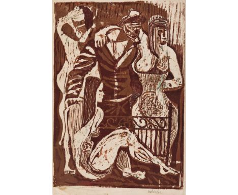 Artist: Steve Wheeler (American, 1912 - 1992). Title: "The Sailor and His Women". Medium: Three color wookcut. Date: Composed