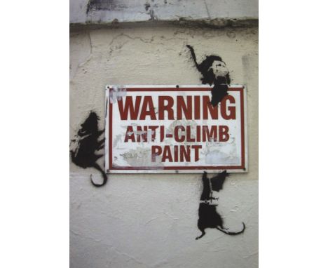 Artist: Banksy (English, b. c1973-75 | Active 1990 - Present). Title: "Anti-Climb Paint [announcement]". Medium: Color offset