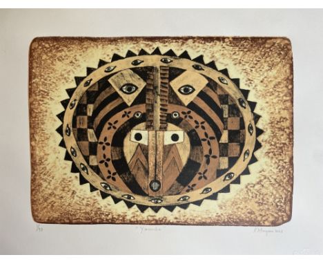 Artist: Karima Muyaes (Mexican, b.1960). Title: "Yoruba". Medium: Original color lithograph. Date: Composed 2023. Dimensions: