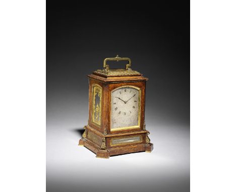 A unique and very fine mid 19th century English gilt-brass mounted walnut giant striking travelling clock with thermometer an