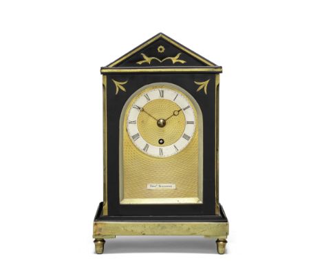 A good small mid 19th century brass bound and inlaid ebony timepieceEdward SimmonsThe architectural pediment with flowerhead 