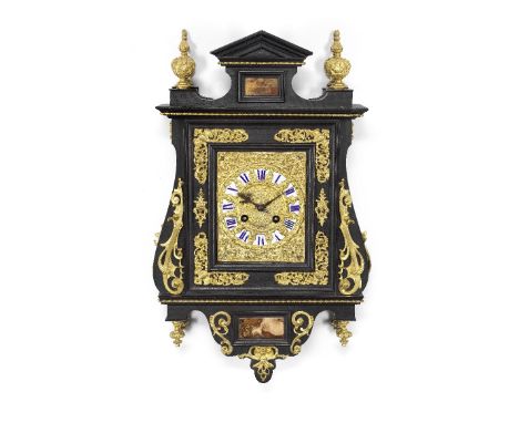 A mid 19th century French ebonised and gilt wood wall clock with jasper insets in the Italian 17th century styleLagarde, Pari