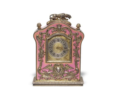 A late 19th century Belgian silver, silver-gilt and  pink enamelled desk timepieceSilex No. 112The case surmounted by a stalk