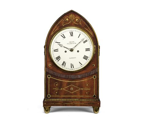 An early 19th century brass-inlaid mahogany table clockAdams, 36 Lombard St, LondonThe case with side ring handles and archit