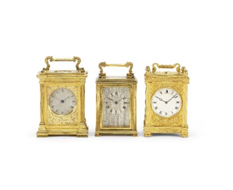 A fine and rare mid 19th century English gilt engraved brass miniature carriage clock with hour repeatHunt and Roskell, Londo