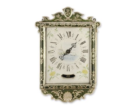 A very rare early 19th century Maltese weight-driven wall clock with alarmThe rectangular frame with shaped cresting over a c