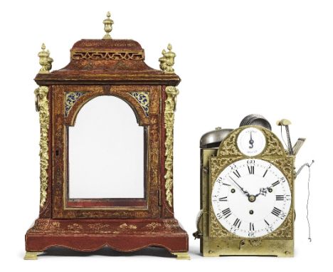 A third quarter of the 18th century English red Chinoiserie lacquered quarter chiming table clock with enamel dialsEardley No