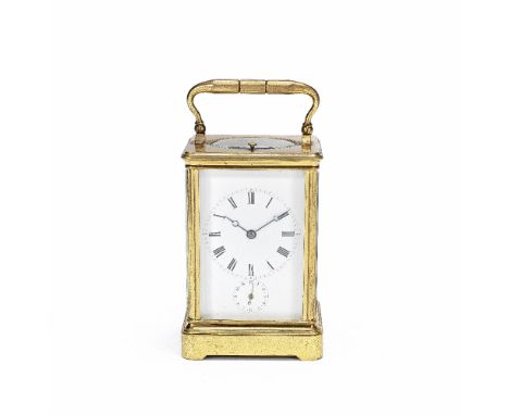A late 19th century French brass carriage clock with push repeat and alarmthe backplate stamped with Drocourt Freres makers m