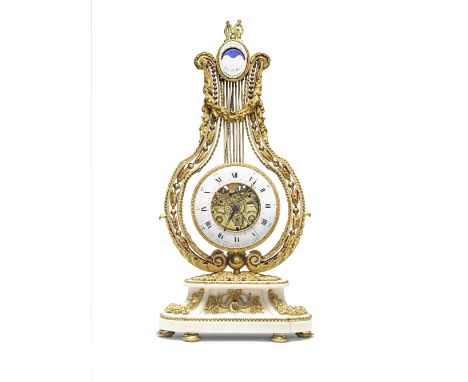 A good late 18th century French white marble and ormolu centre seconds lyre clock with phases and age of the moonGavell Le Je