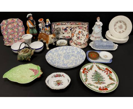 Ceramics - Staffordshire flatback spill vase, Beswick British Bulldog, Mandalay Blue Mandalay pattern ware, Royal Doulton Cav