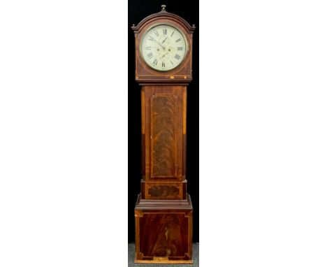 A 19th century Scottish satinwood inlaid Mahogany Longcase clock, 32cm diameter creamy white dial signed W. L. Scott, Dundee,
