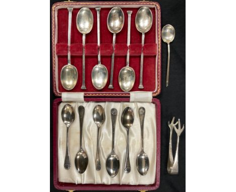 Silver - a set of six George V silver tea spoons, Sheffield, 1918; a set of six shell motif tea spoons, Birmingham, 1961, oth