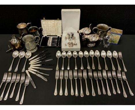 A pair of silver plated sauce boats,  a Picard Ingenium Caffe,  assorted cased and loose flatware , pewter etc qty.