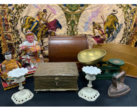 Boxes and objects - a middle eastern brass embossed twin handled box, 25cm long, roll top stationary box, pair of painted whi