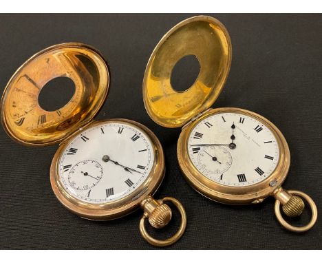 A gold plated half hunter pocket watch, the white enamel dial signed Woffindin &amp; Turner, Leeds, bold Roman numerals, subs