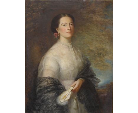English School (19th century) Portrait of a Victorian Lady unsigned, manuscript to verso, dated ‘66, gouache on canvas, 90cm 
