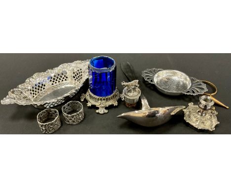 Silver &amp; Silver Plate - an Austrian 800 silver mounted bottle stopper, with mountain goat top,  19th century blue glass a