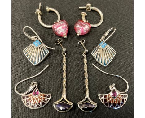 Jewellery - a pair of silver mounted spiral shaft Blue John panelled earrings, 4.5cm drop; a pair of Nicol Barr enamelled ear