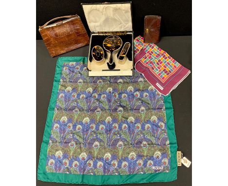 A Faux tortoiseshell and silver three piece dressing table set, London  1927, cased, ; liberty Peacock feathers scarf, anther