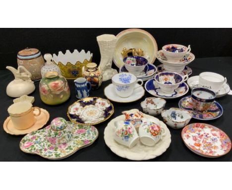 19th century ceramics including; Royal Worcester blush ivory tea cup and saucer; Belleek conical vase, 16cm high, Doulton lam