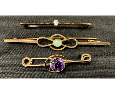 A diamond bar brooch, brilliant cut diamond approx 0.03ct, unmarked razor bar mount, steel pin, 1.4g gross; an opal 9ct gold 