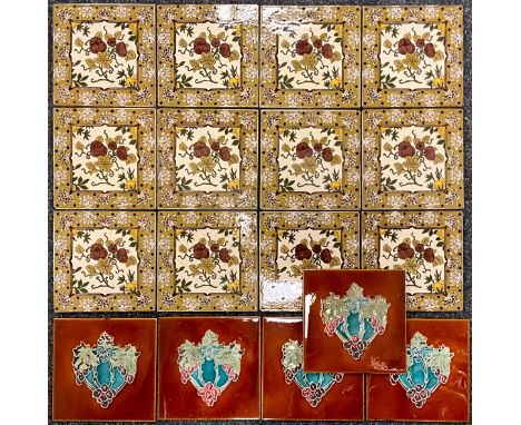 A set of twelve Sherwin and Cotton square six inch glazed ceramic tiles, c.1880;  and five Art Nouveau style tiles, (17).