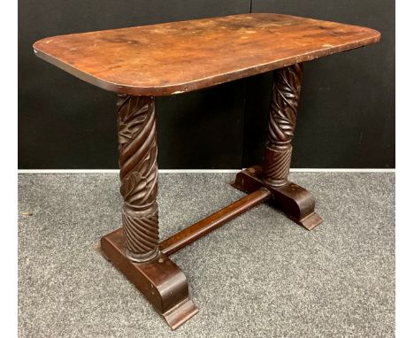A 19th century carved mahogany side table, rounded rectangular top, the twin pillar base carved with barley twist and spirall