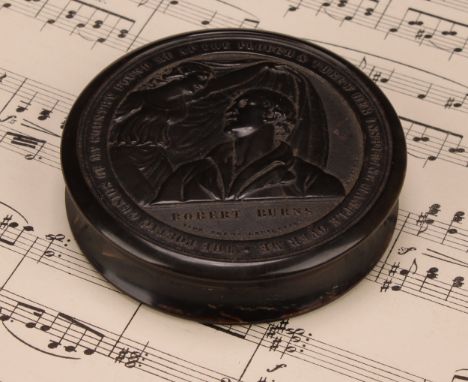 Scottish Literature and The Cult of Rabbie Burns - a 19th century pressed horn waisted circular portrait snuff box, by Wilson